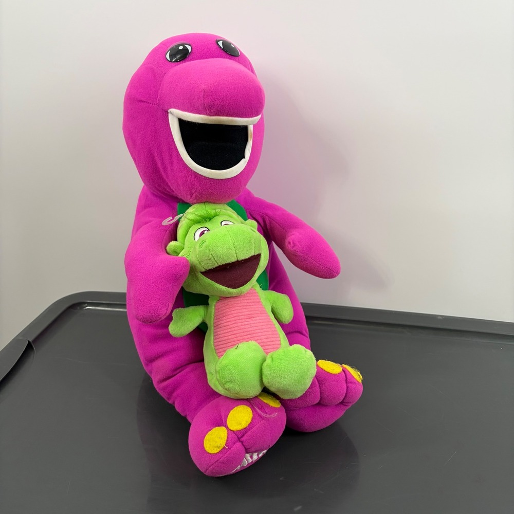 Vintage 1992 Talking Barney Plush & 2024 Baby Bop Dinosaur Set Lyons Group